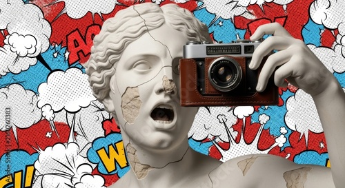 Classical sculpture holding a vintage camera against a colorful pop art background. Creative fusion of ancient art, photography, visual culture, and contemporary media