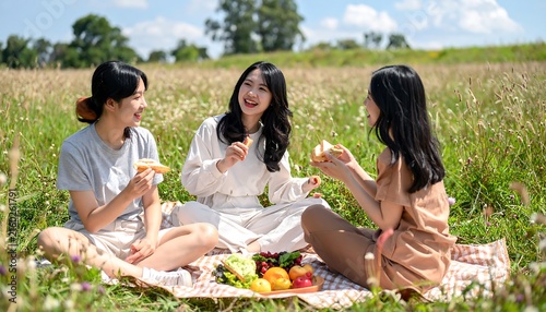 Friends enjoying outdoor picnic with fresh fruit.