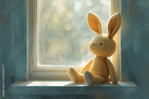 Plush bunny toy sitting on a sunlit windowsill
