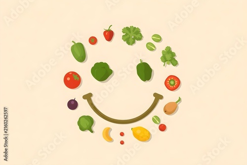 Flat vector fruits and vegetables forming a smiley face