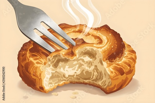 Golden Pastry Broken Open with Fork and Rising Steam