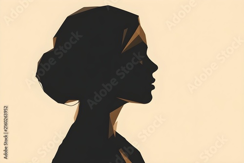 Low-poly silhouette of woman's profile on beige, Generative AI