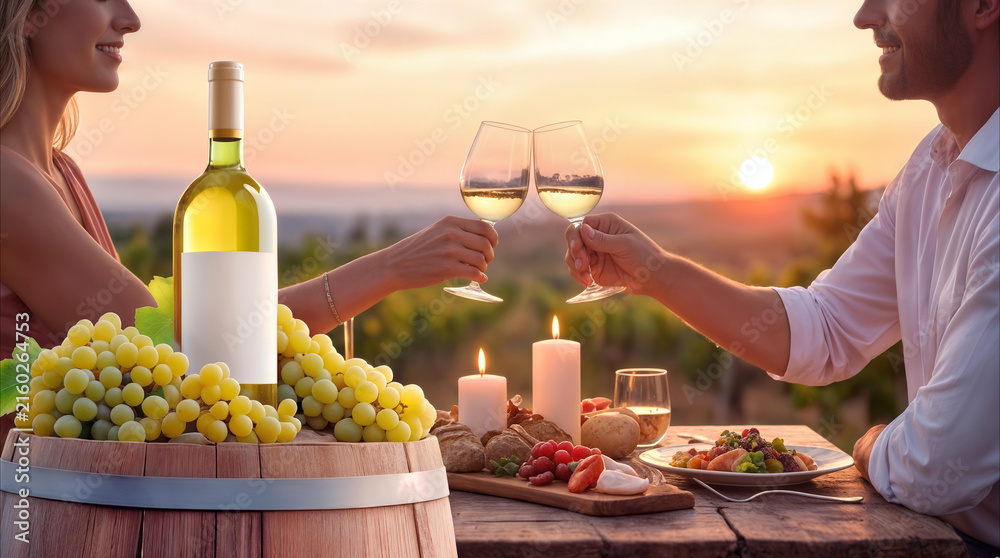 Naklejka premium Romantic couple clinking wine glasses during sunset dinner at vineyard. Heterosexual man and woman enjoying outdoor date with white wine, candles, and fresh grapes on wooden table.