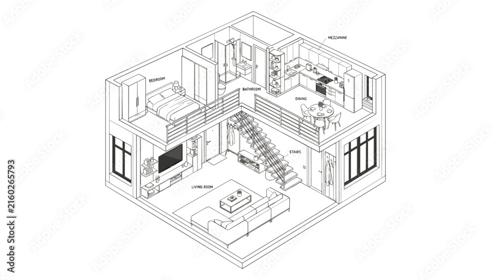 Fototapeta premium Isometric house plan vector illustration with cross section view of kitchen bedroom bathroom and living room interior