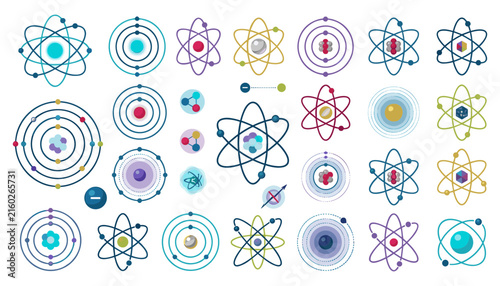Foto Vector flat icon set of colorful atomic structures, electron orbital shells, proton nucleus models, and quantum physics symbols for educational designs