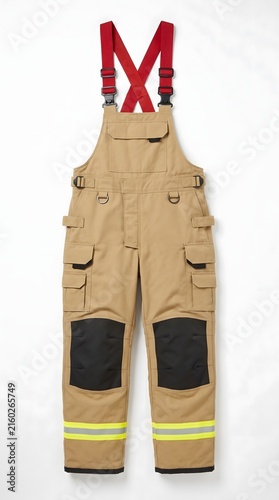 Professional tan firefighter bib overalls with red suspenders and reflective stripes on white back.