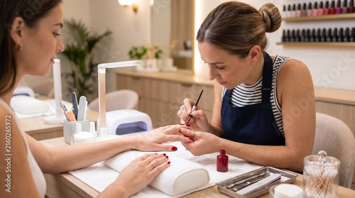 Professional nail technician applying red nail polish to a client's fingernail in a bright salon setting