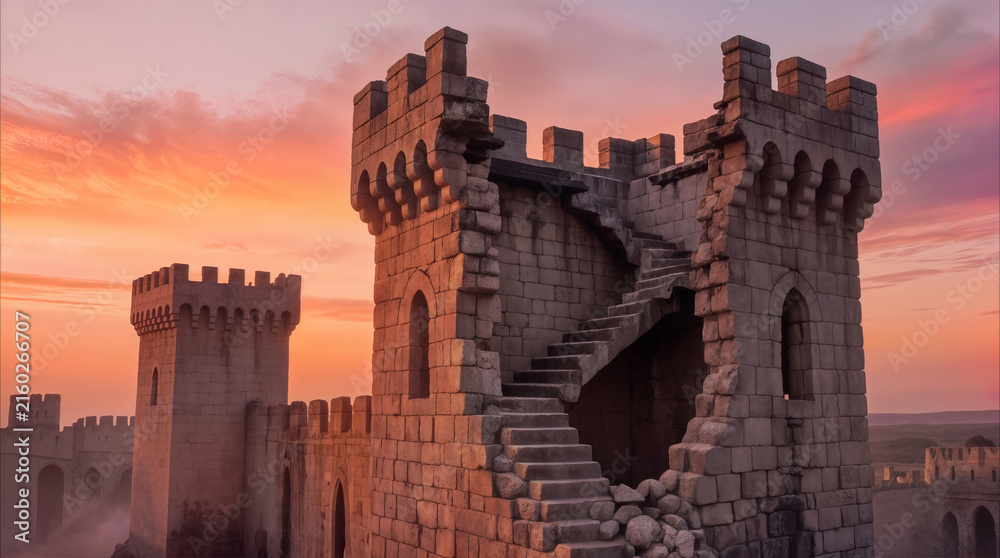 Naklejka premium Ancient stone castle ruins featuring crumbling tower with exposed spiral staircase at sunset. Historical fortress architecture under vibrant orange sky.