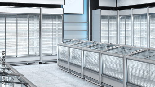 Refrigerated display cases with glass fronts in a supermarket interior. 3d illustration