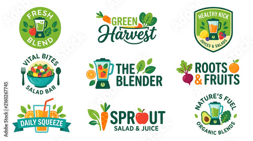 Healthy Harvest Labels: A collection of vibrant logos and badges promoting fresh juice, salad bars, and healthy blended drinks, showcasing nature's bounty and the essence of a balanced diet.