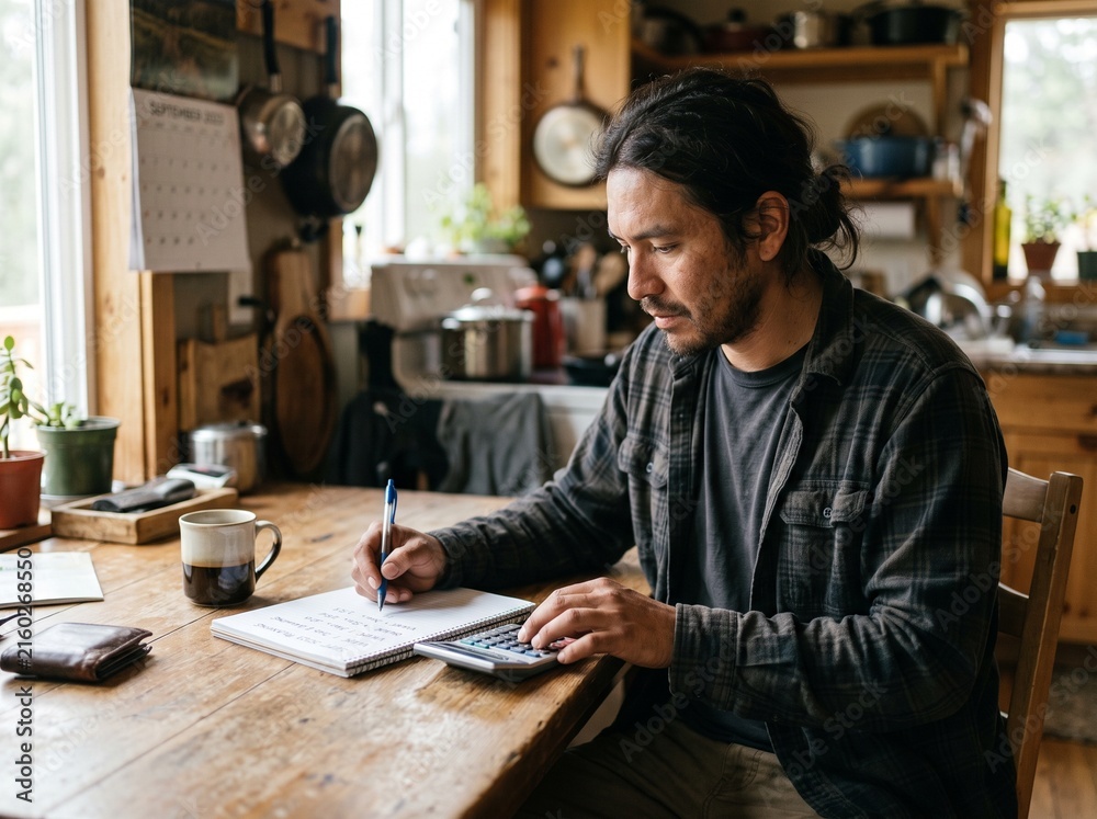 Fototapeta premium Indigenous Male Worker Planning September Seasonal Wages in Rustic Dining Space