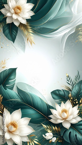 beautiful floral background with white flowers and gold leaves