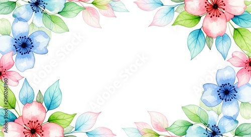Watercolor floral border with blue and pink flowers and green leaves surrounding blank white copy space for greeting card, invitation, wedding stationery, or spring celebration design
