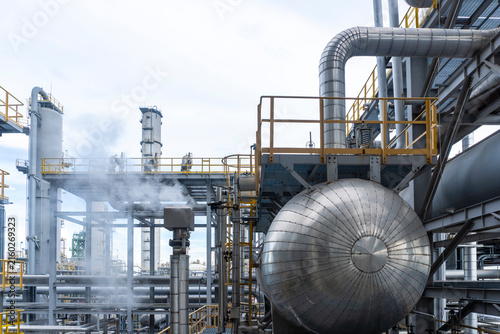 Konstfotografi A large spherical pressure vessel with steam venting amid pipe racks and yellow walkways at a petrochemical plant under an overcast sky showcasing the grand scale of industrial energy infrastructure