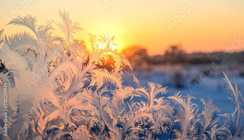 frosty window with the sun setting in the background