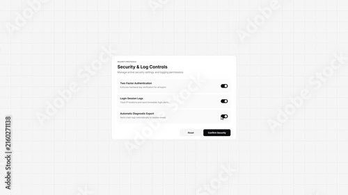 Security and Log Controls Interface Panel with Toggle Switches, Light Theme System Settings UI Animation UI UX