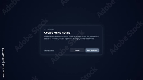 Cookie Policy Notice Pop-Up Dialog Box, Modern Dark Theme Website GDPR Privacy Consent Banner Animation UI UX