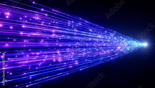 Futuristic blue and purple fiber optic light trails representing high-speed digital data transfer and connectivity