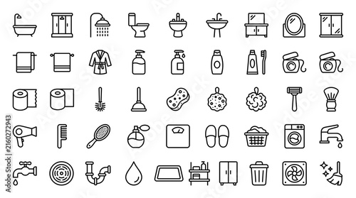 Obraz na płótnie Bathroom Editable Line Icon Set with Bathtub, Shower, Toilet, Sink, Mirror, Towe