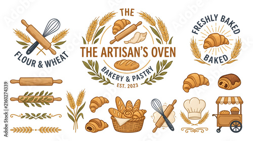 Artisan Bakery Emblem Set: A collection of handcrafted emblems and elements showcasing the art of baking, featuring rolling pins, wheat stalks, croissants, bread baskets, and chef hats.