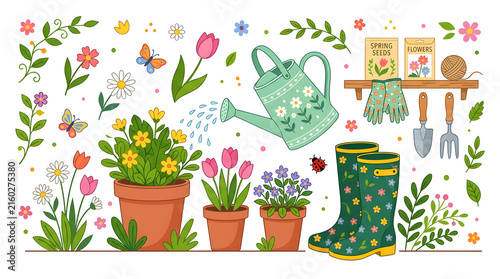 Spring Gardening Essentials: A charming illustration captures the joy of spring gardening with potted plants, blooming tulips, watering can, seeds, gloves, and boots.