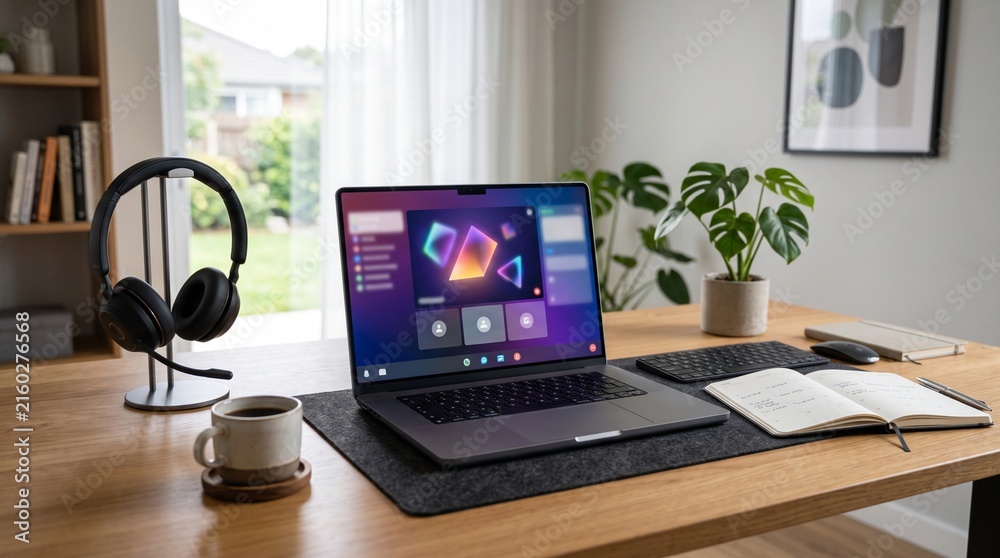Fototapeta premium Modern home office desk setup with laptop, headphones and coffee in a bright room