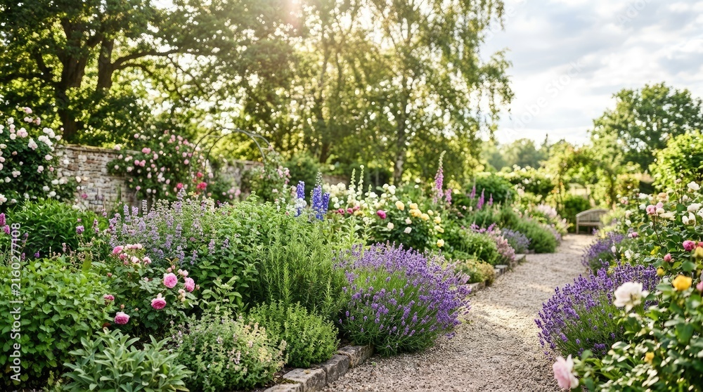 Fototapeta premium A vibrant garden path winds through a colorful flower bed. Lush greenery, including roses, lavender, and other flowering plants, lines the path.