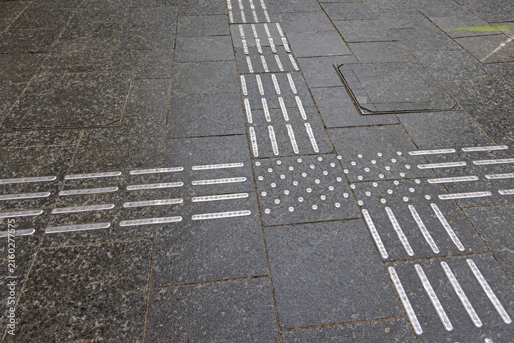 Fototapeta premium Tactile Paving Detectable Warning Ground Surface Assistance for Visually Impaired Pedestrians at Street Intersection