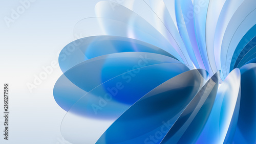 Abstract blue 3D background with translucent glass petals, glossy curved waves and soft gradient light, futuristic modern render for wallpaper, presentation and website design template