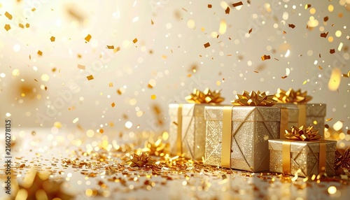 Tiny wrapped presents surrounded by golden confetti on a clean ivory background, refined celebration atmosphere, ample copy space