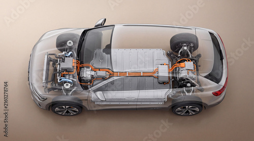 Electric vehicle internal view electric motor battery pack chassis power cable drive unit wheel suspension transport