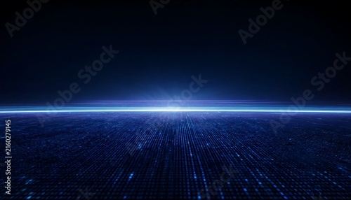 Futuristic Digital Horizon with Glowing Blue Light and Data Grid