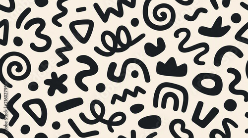Black and Cream Seamless Abstract Doodle Pattern with Hand Drawn Squiggles Shapes and Lines