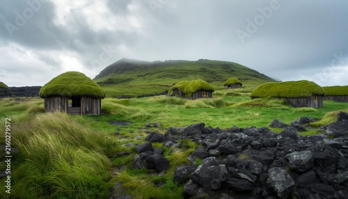 Traditional Turf Houses in Green Volcanic Landscape