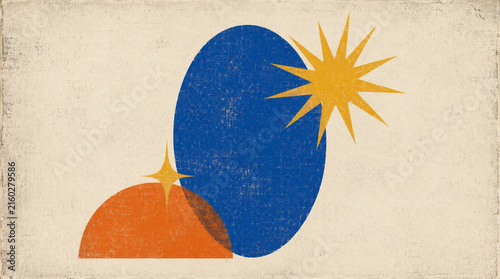 Mid Century Modern Abstract Illustration with Blue Oval Orange Dome and Yellow Starbursts