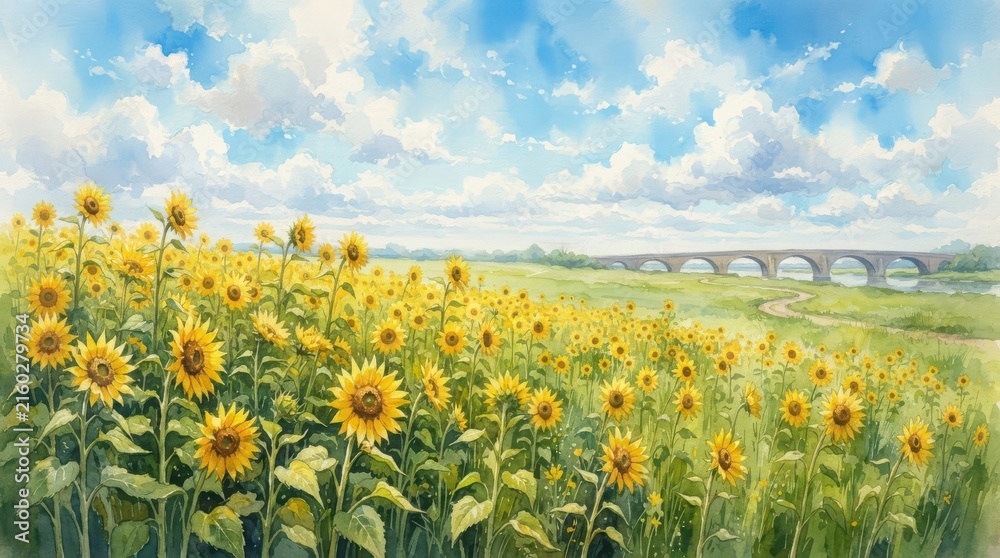 Fototapeta premium Vibrant sunflowers blooming under a bright blue summer sky with fluffy white clouds, anime style digital illustration