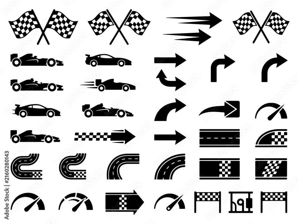 Fototapeta premium Automotive racing icons and directional navigation arrows set for competitive car sport applications.