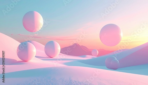 Soft pastel geometric landscape with floating spheres and gentle shadows