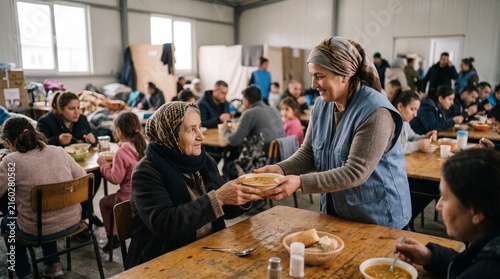 A kind volunteer serves a bowl of soup to an elderly woman in a crowded dining hall, embodying compassion and community support amidst challenging circumstances.