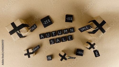 Obraz na plátně Autumn sale promotion displaying discount percentage tags, SALE labels, and gift