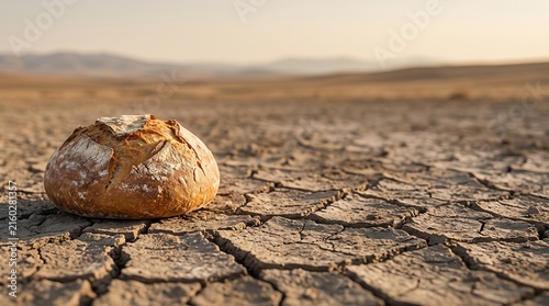A solitary loaf of bread rests on cracked, parched earth, symbolizing scarcity and the harsh realities of a drought-stricken landscape.