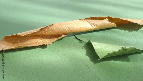 Torn paper pieces on green textured background.