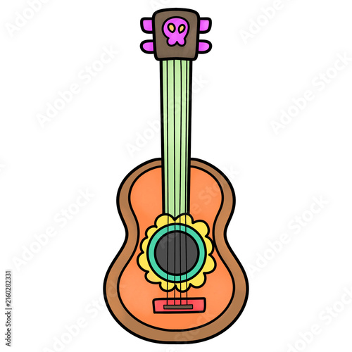 Foto acoustic mexican guitar decorated with sugar skull headstock dia de los muertos