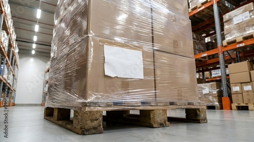 Blank white paper label on cardboard boxes wrapped in plastic film on a wooden pallet in warehouse