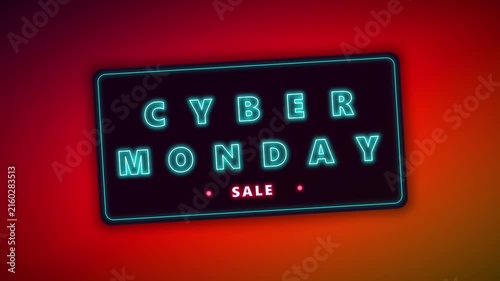 Cyber monday sale neon sign animation glowing blue text on dark background, for retail promo