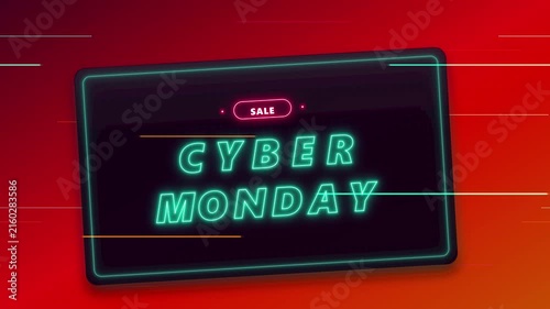 Cyber monday sale neon motion background, with glitch effects, and dynamic speed lines