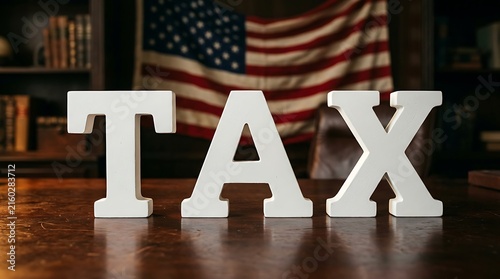 White wooden block letters spelling tax on a rustic dark wooden desk with an american flag draped in the background in an office setting