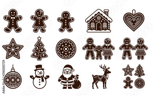 Set of christmas gingerbread cookie icons including people house tree star snowman and santa claus silhouettes