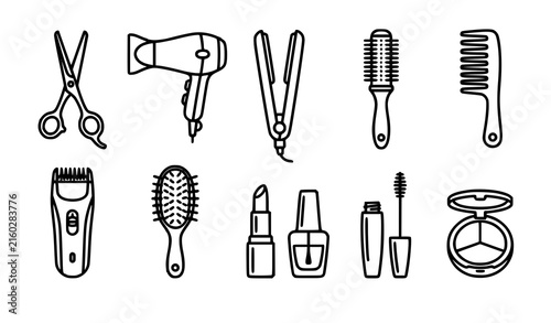 Beauty salon hairstyling tools makeup and cosmetic outline vector icon collection