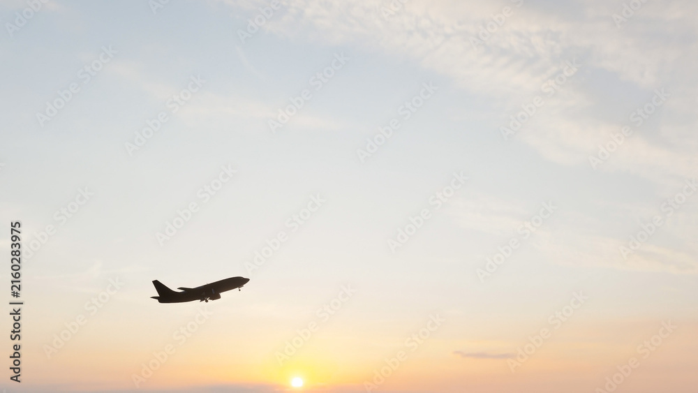 Naklejka premium Commercial passenger airplane flying through the sky and taking off, ideal for aviation, air travel, tourism, transportation, airline, and travel content.